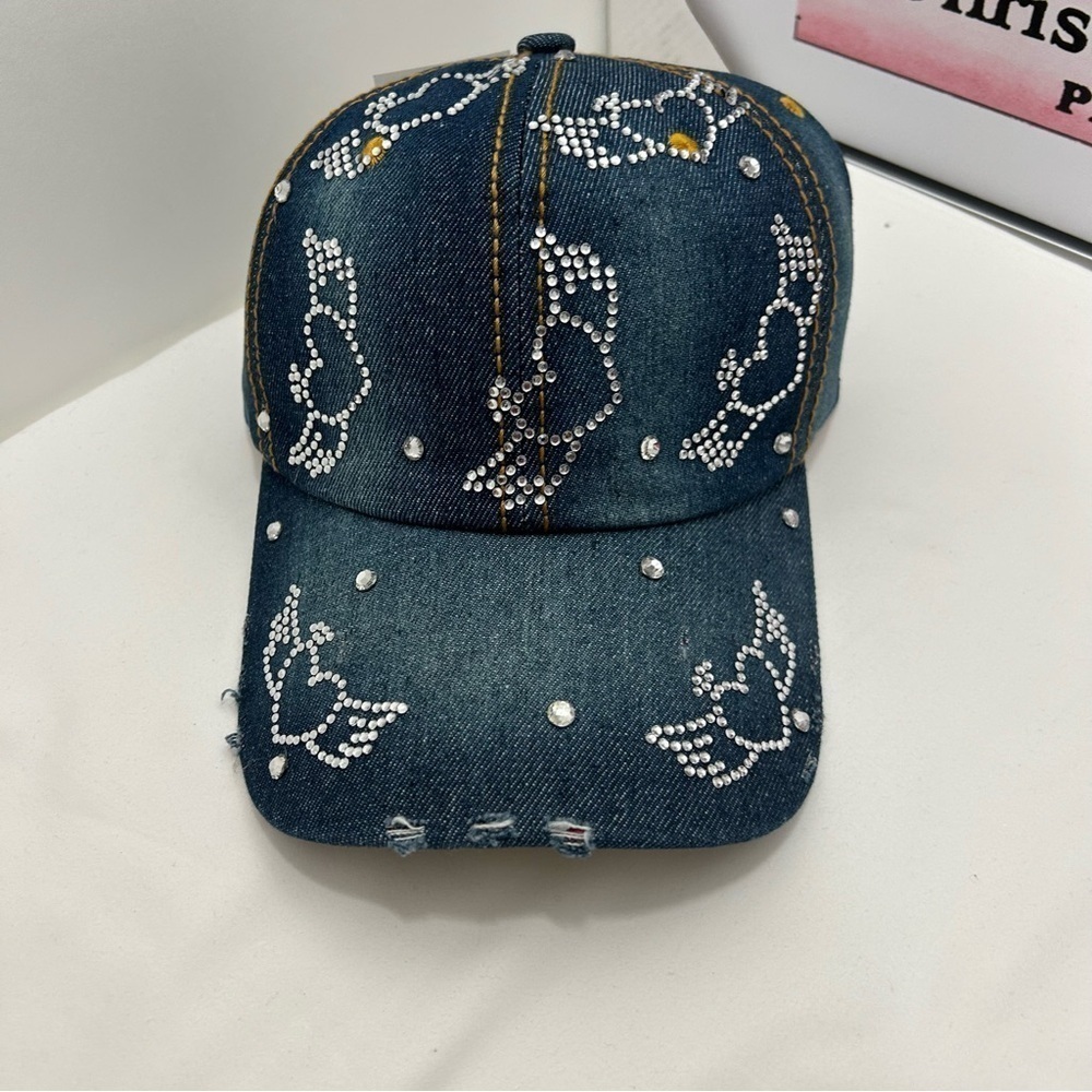 Rhinestone Butterfly Denim Baseball‎ Cap Distressed Blue Jean Hat Crystal Bling